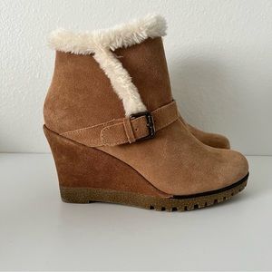 BJORNDAL Phedra Tan Suede Vegan Fur Ankle Wedge Boots